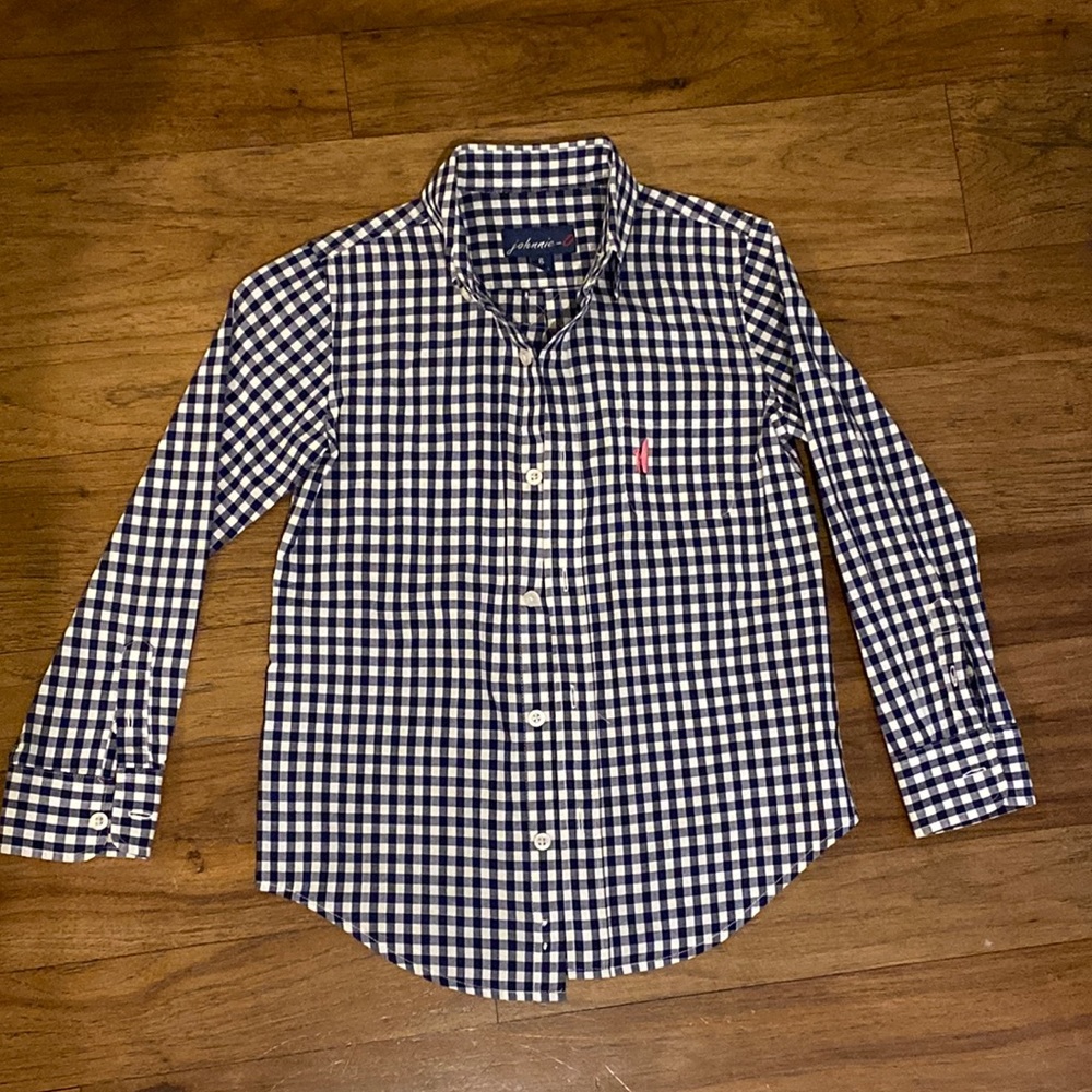 johnnie-O boys button down navy and white gingham shirt, size 6